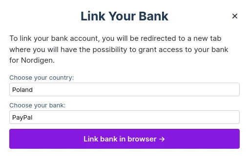 Link your bank dialog