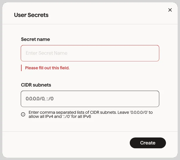 Screenshot of GoCardless form for creating new API secret