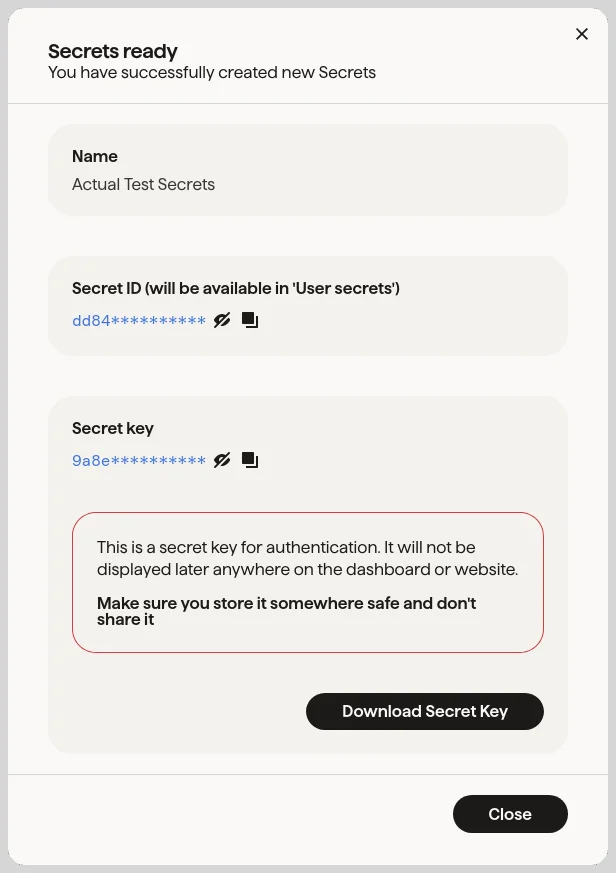 Screenshot of GoCardless API secret after successful creation