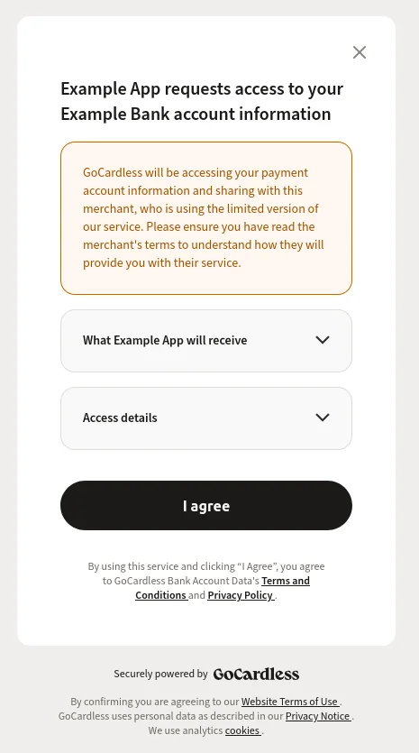 Dialog to approve that GoCardless will be accessing your payment account information